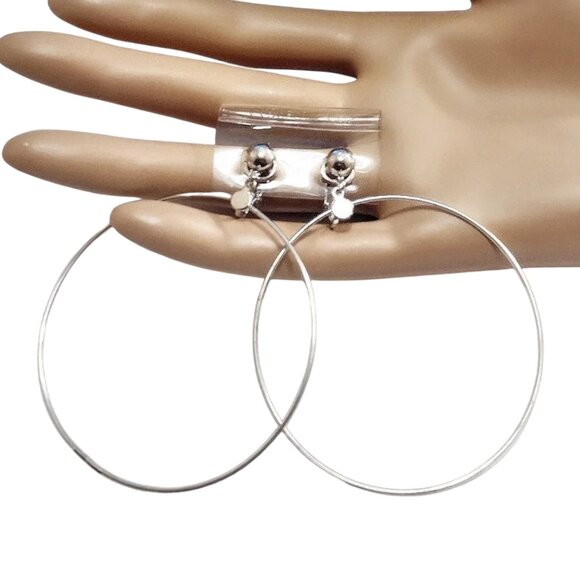 2 3/4 Inch 70mm Hoop Clip On Earrings Silver Tone 57mm Wide Ring - Picture 2 of 3